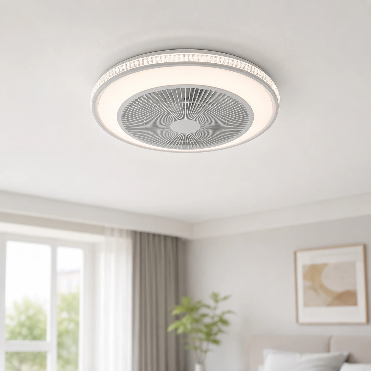 Flush mount LED ceiling fan light installed close to the ceiling for low profile spaces
