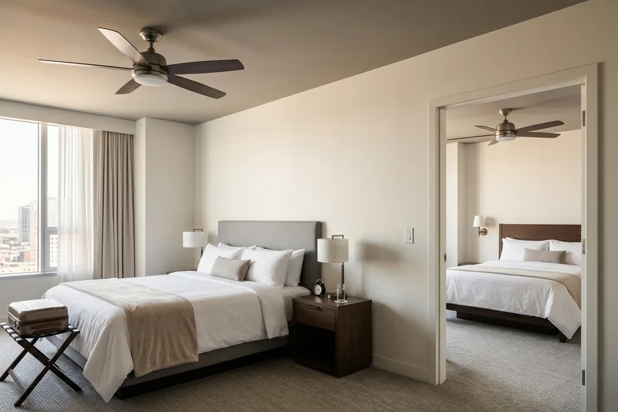 Consistent ceiling fan design across hospitality project rooms