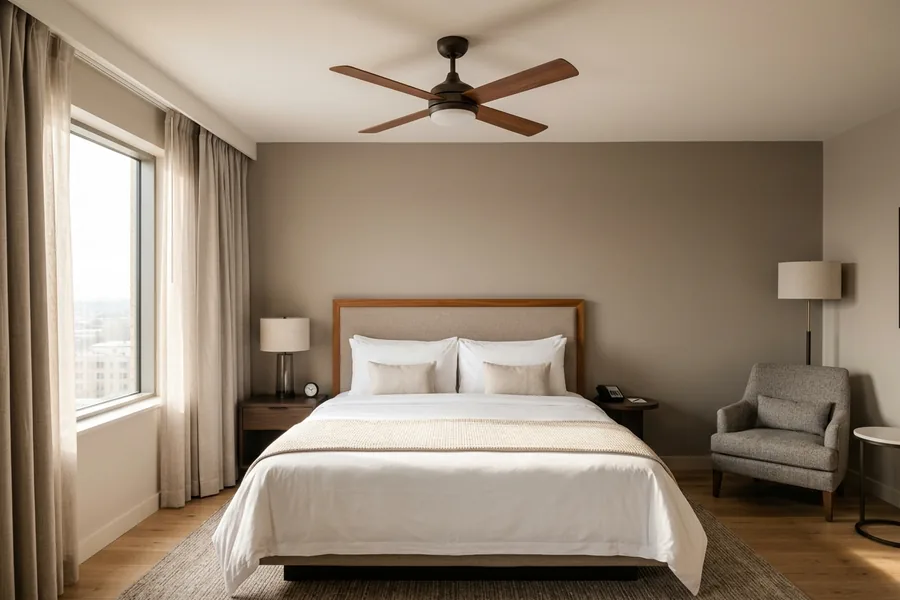 Hotel ceiling fan in a modern guest room for hospitality projects