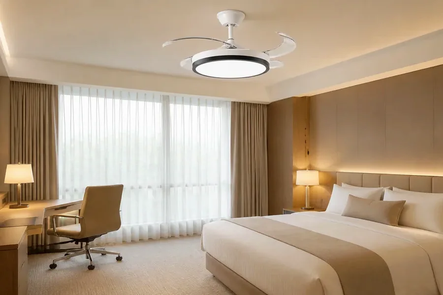 Hotel ceiling fan light with warm hospitality lighting