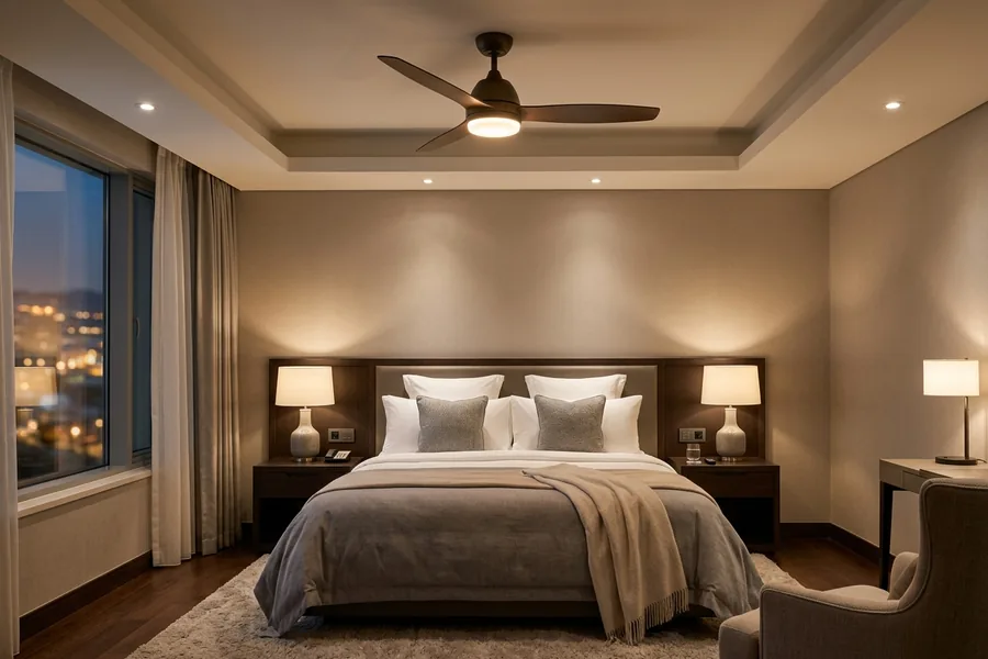 Hotel ceiling fan with light integrated into room design