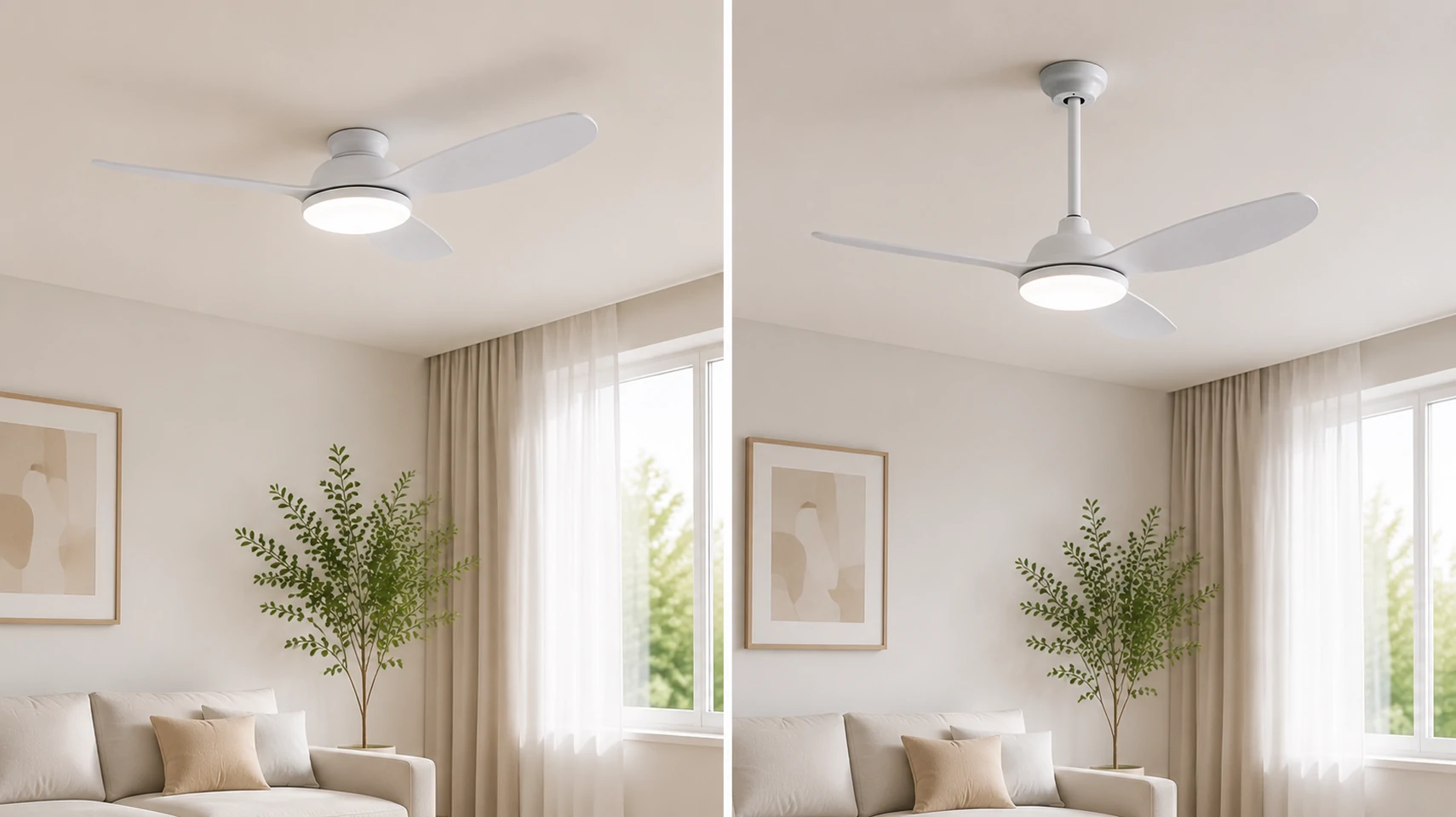 Indoor ceiling fan with flexible downrod installation options for different ceiling heights