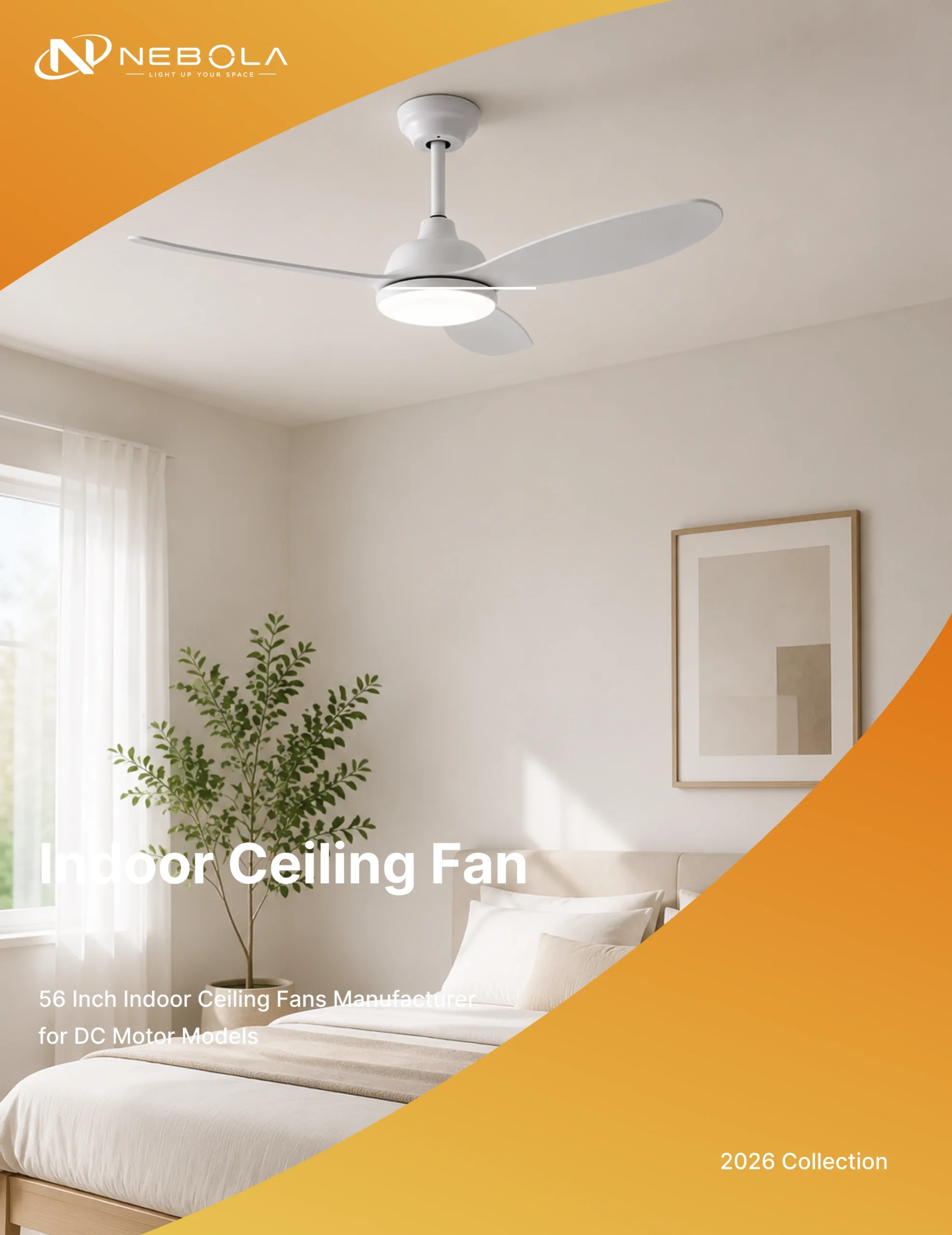 Indoor ceiling fan catalog cover showing modern residential fan design for global buyers