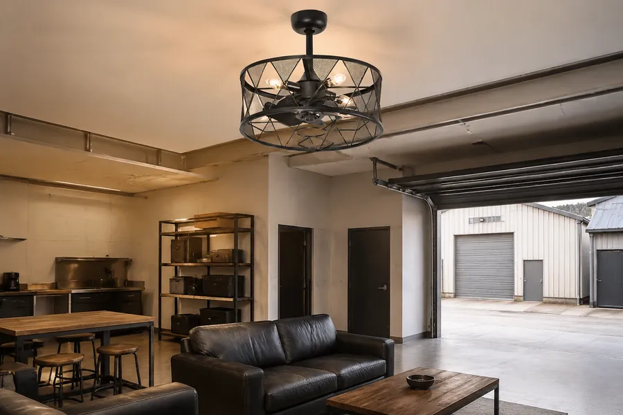 Industrial airflow ceiling fan light in an open warehouse lounge