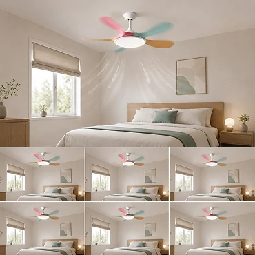 small ceiling fan with LED light showing adjustable airflow modes in modern kids bedroom demonstrating 6 speed control for smart OEM systems