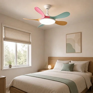 small ceiling fan with integrated LED lighting installed in modern bedroom showing energy efficient illumination suitable for OEM residential projects
