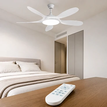 hand holding remote control operating small ceiling fan with LED light installed in modern kids bedroom showing smart control system for OEM manufacturer