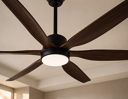 Large ceiling fan with an extended blade span installed for hotel, restaurant and commercial wholesale projects
