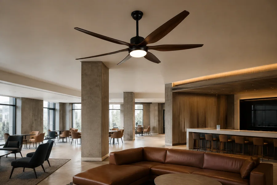 Large space ceiling fan light in a wide commercial lounge
