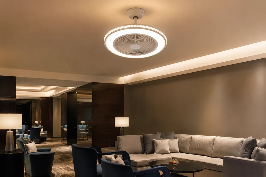 Large space ceiling fan with light for hospitality areas