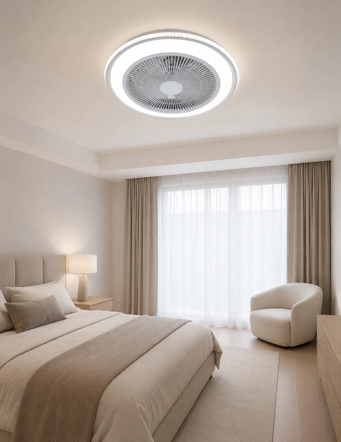 LED ceiling fan light installed in a simple modern bedroom with soft neutral interior design