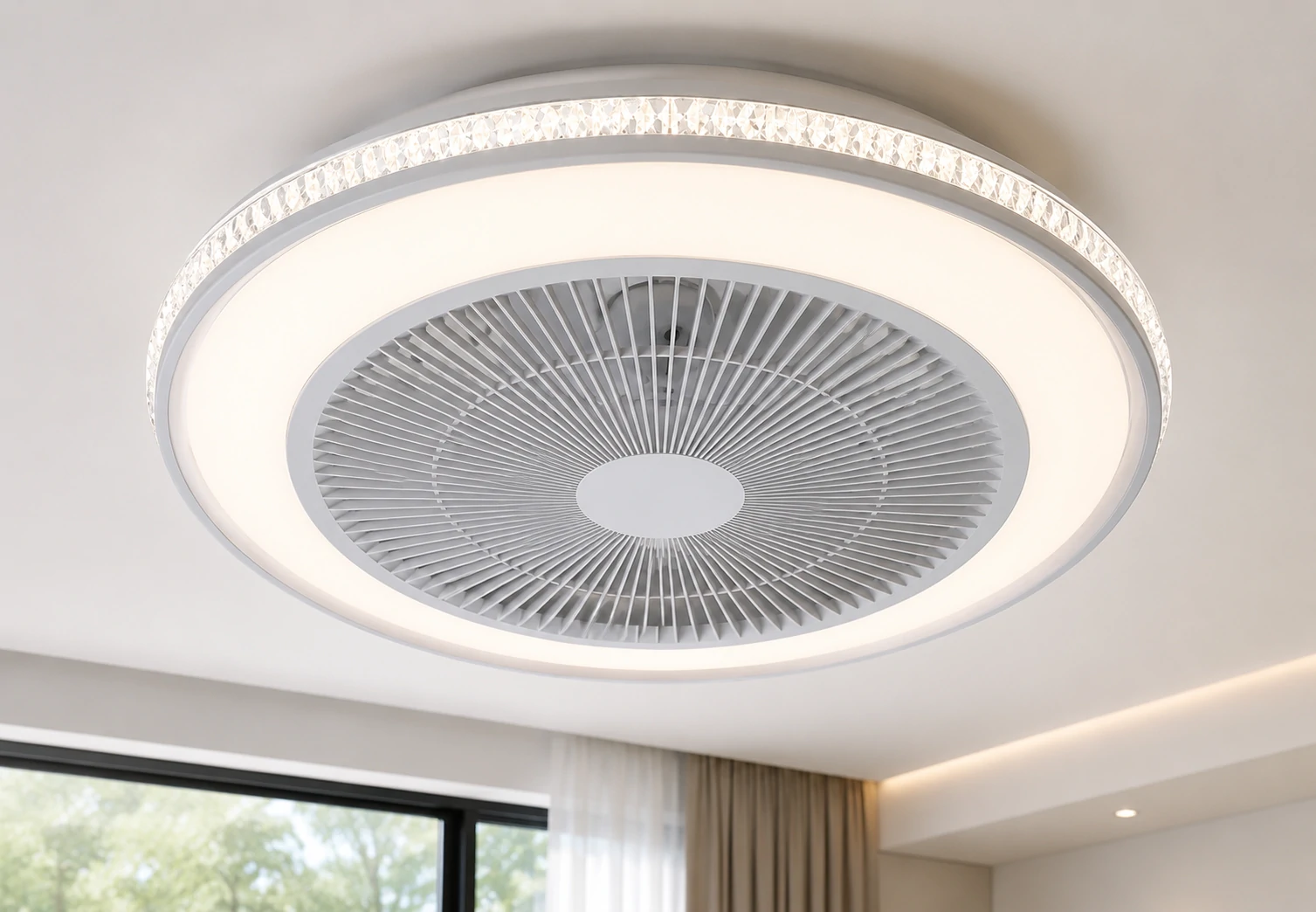 Close-up view of LED ceiling fan light showing fan grille and soft illuminated ring design