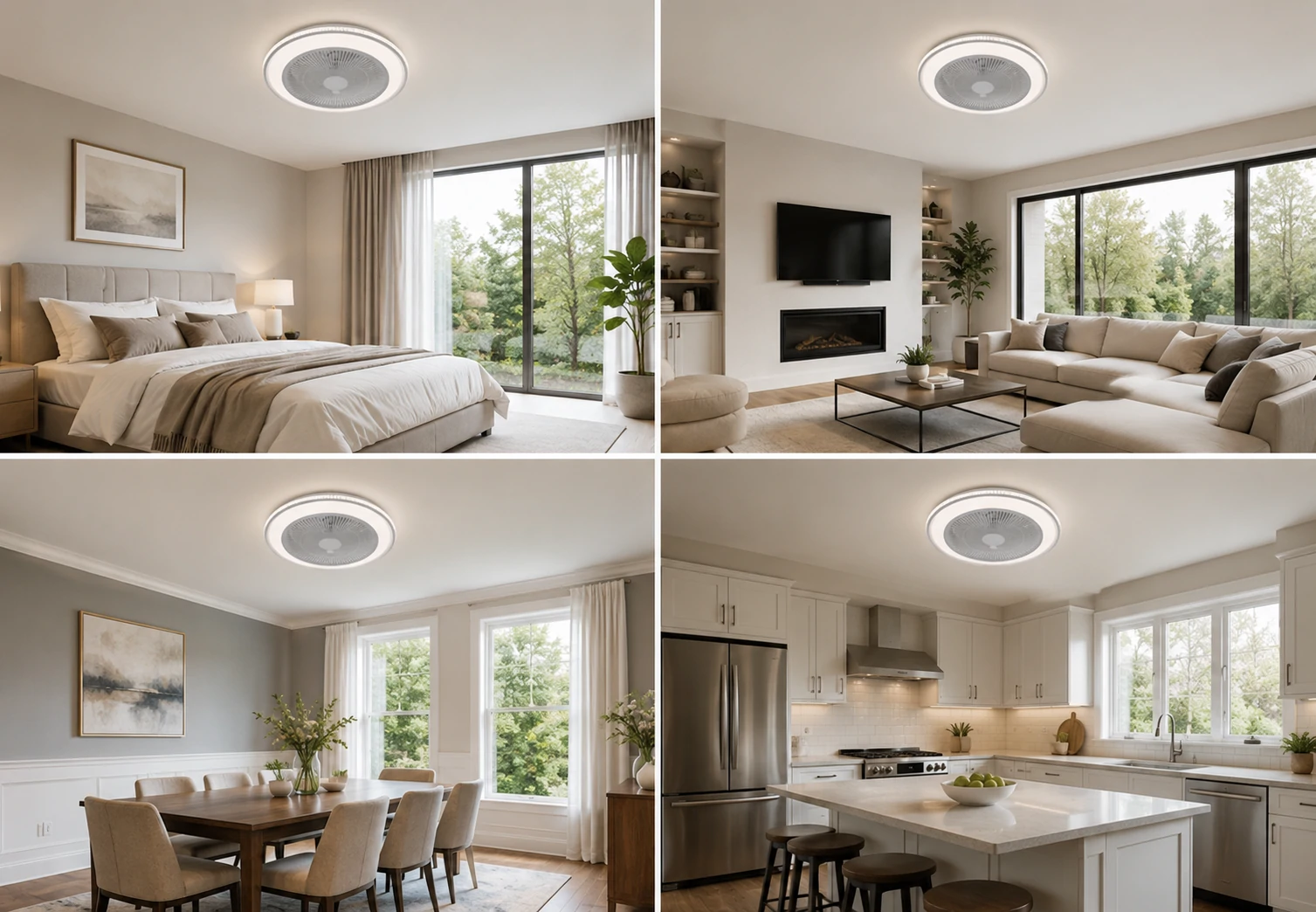 LED ceiling fan light shown in bedroom living room dining room and kitchen applications