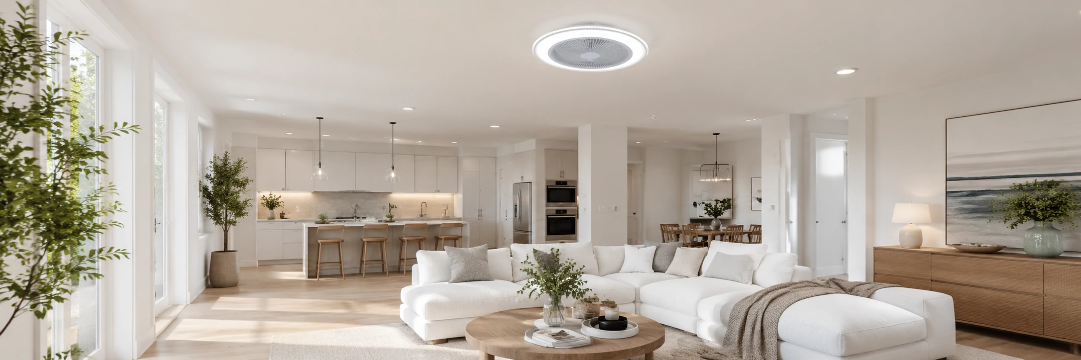 LED ceiling fan light used in a bright modern home interior with open living space