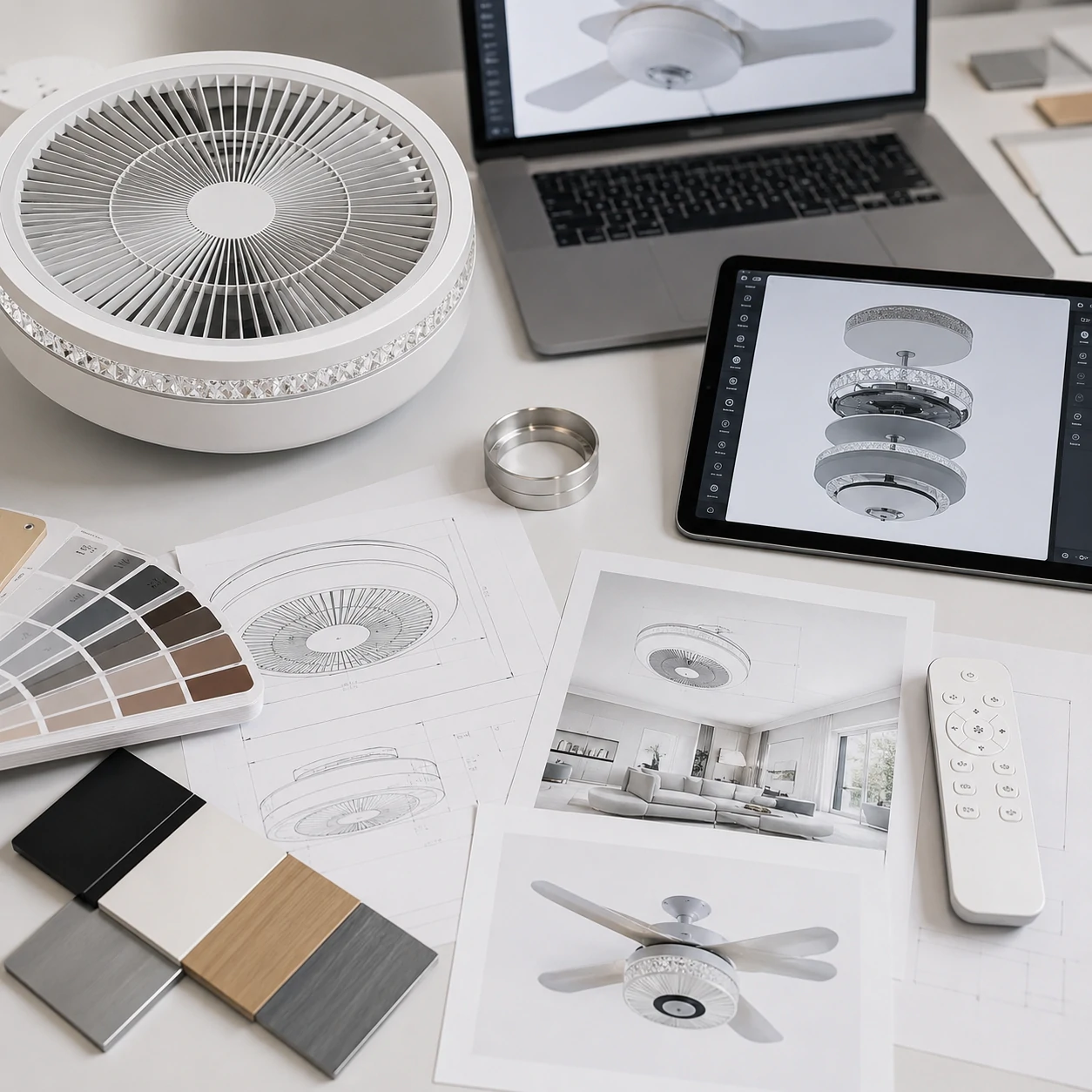 LED ceiling fan light OEM and ODM design workspace with product samples and materials