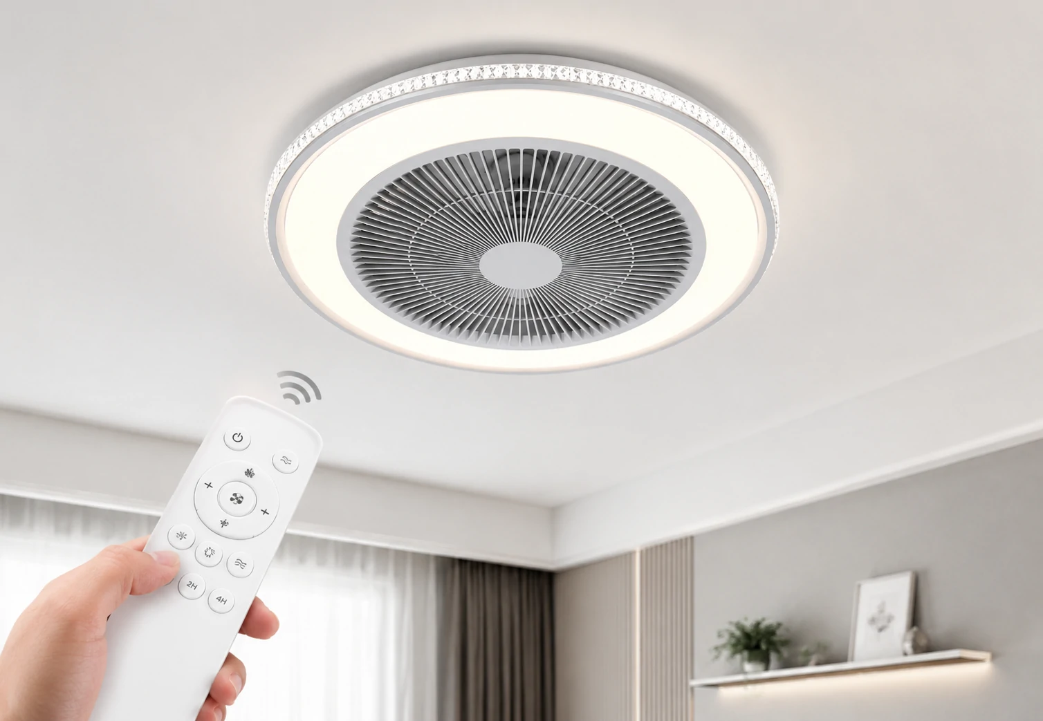 LED ceiling fan light controlled by remote in a modern bedroom interior