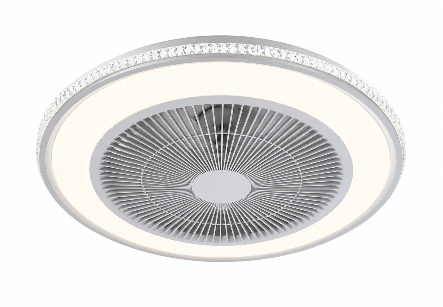 White LED ceiling fan light product image with circular fan grille and crystal lighting edge