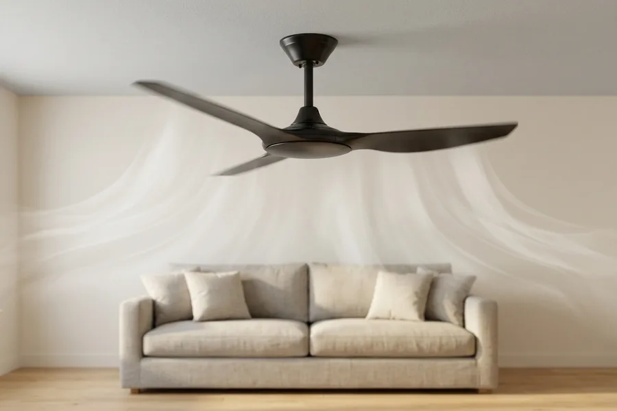 Living room ceiling fan airflow showing blade span and smooth air movement