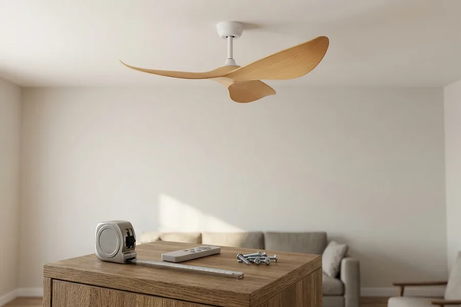 Living room ceiling fan size checklist with measuring tape and installation parts