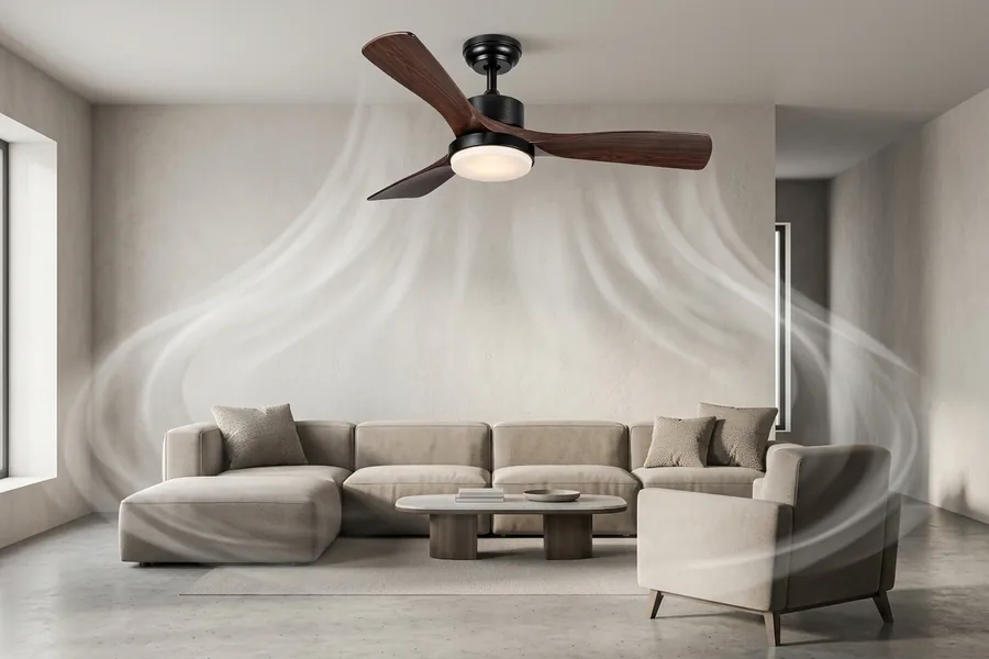 Living room ceiling fan showing airflow needs beyond a simple size chart