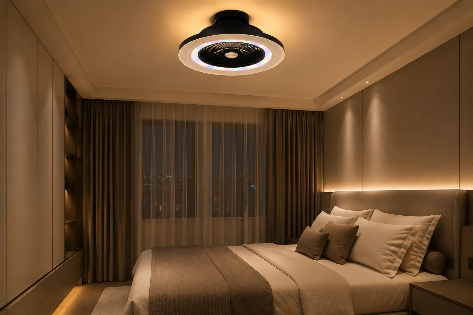 Modern low ceiling bedroom interior at night featuring a quiet ceiling fan light creating warm ambient lighting for cozy residential comfort