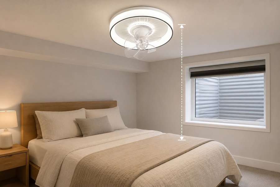 Measuring ceiling fan clearance in a low ceiling bedroom