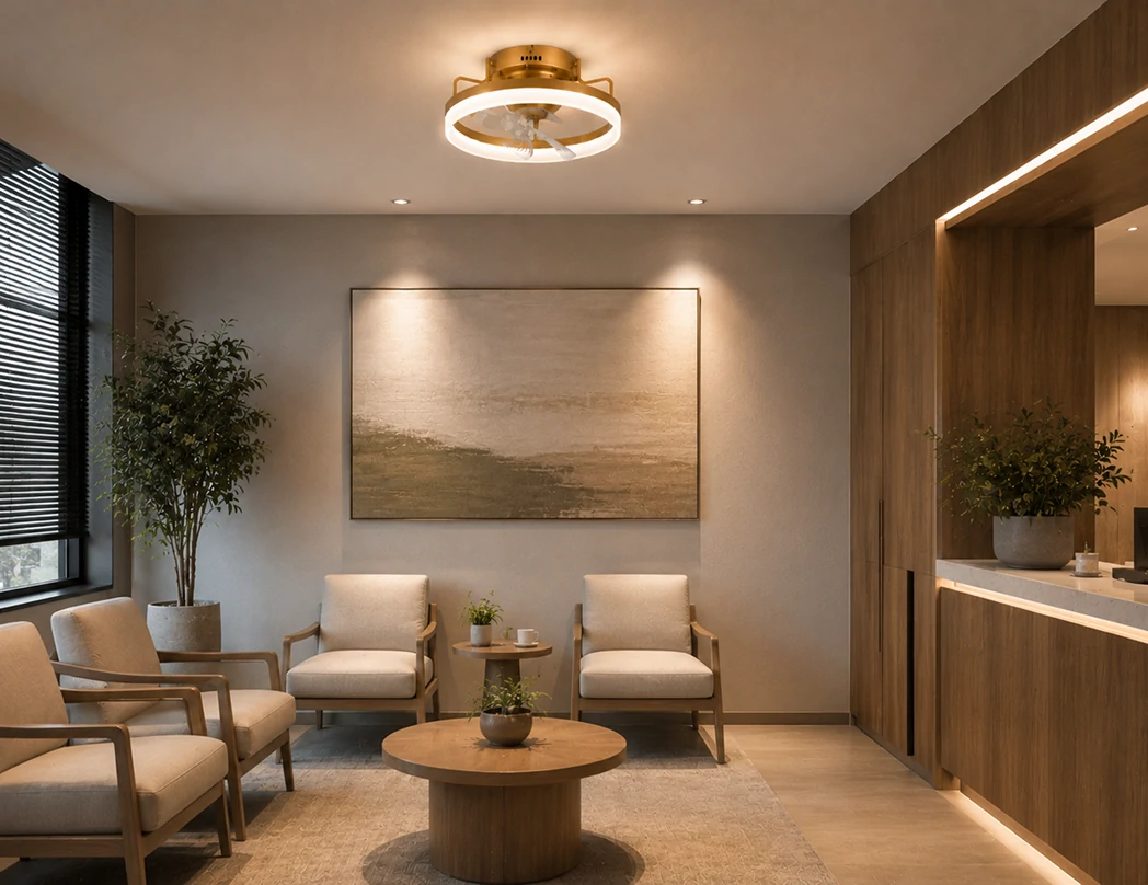 Low profile ceiling fan installed in modern apartments and low ceiling residential spaces