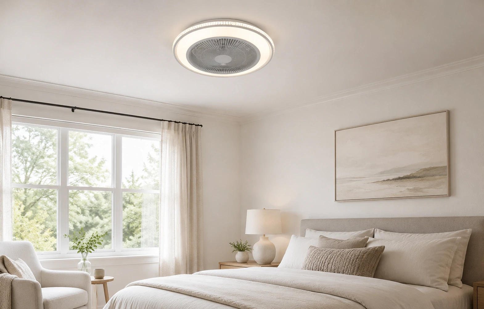 Low profile LED ceiling fan light installed in a calm bedroom for comfortable airflow