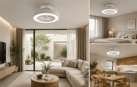 Modern low profile bedroom interior featuring a 21 inch flush mount ceiling fan with LED light for smart and quiet cooling comfort