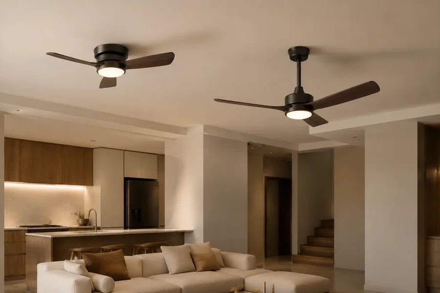 Main ceiling fan installation types including flush mount and downrod