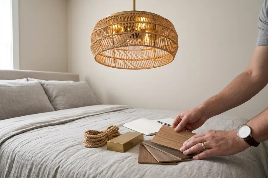 Homeowner reviewing ceiling fan options for a master bedroom