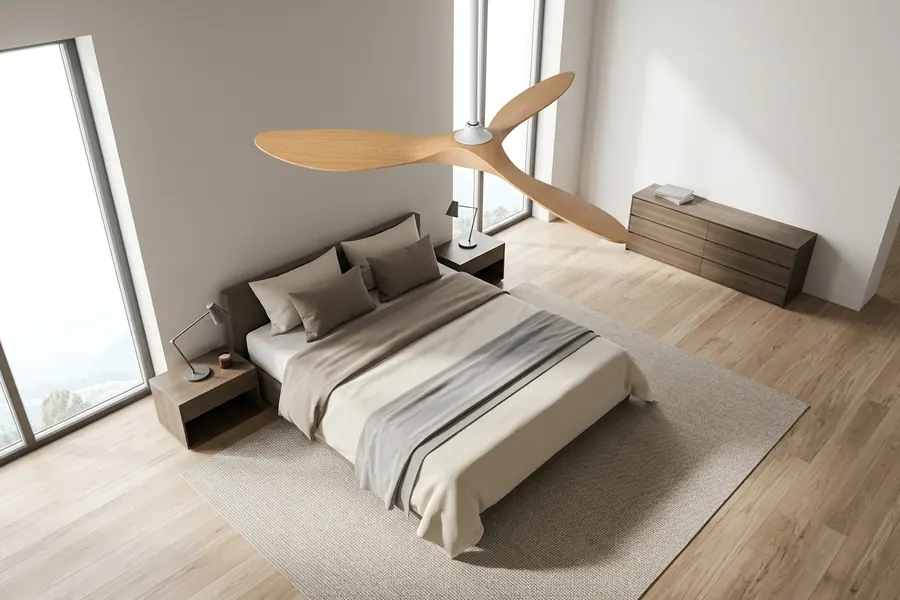 Large bedroom with ceiling fan showing room size and balanced airflow coverage