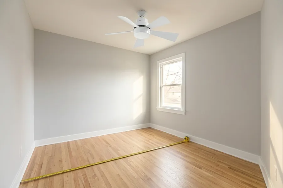 Measuring a small room before choosing the right ceiling fan size.