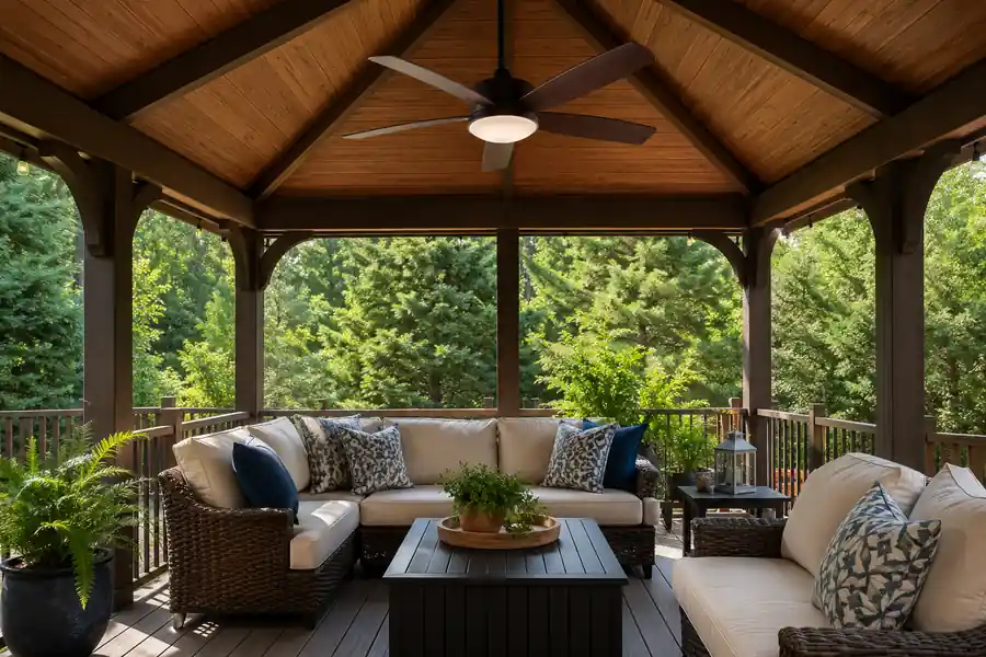 Outdoor ceiling fan airflow and CFM planning for a seating area