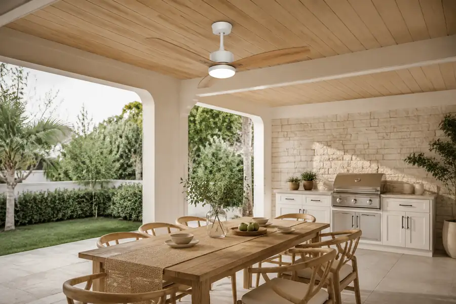 Outdoor ceiling fan with light for covered patio and gazebo spaces