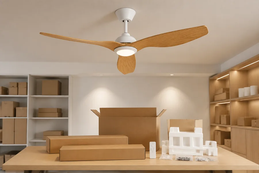 Private label ceiling fan light packaging details in a realistic sample room