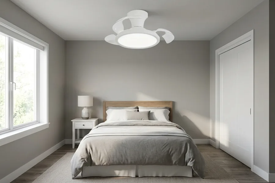 Properly sized 36 inch or 42 inch ceiling fan balanced for a small bedroom.