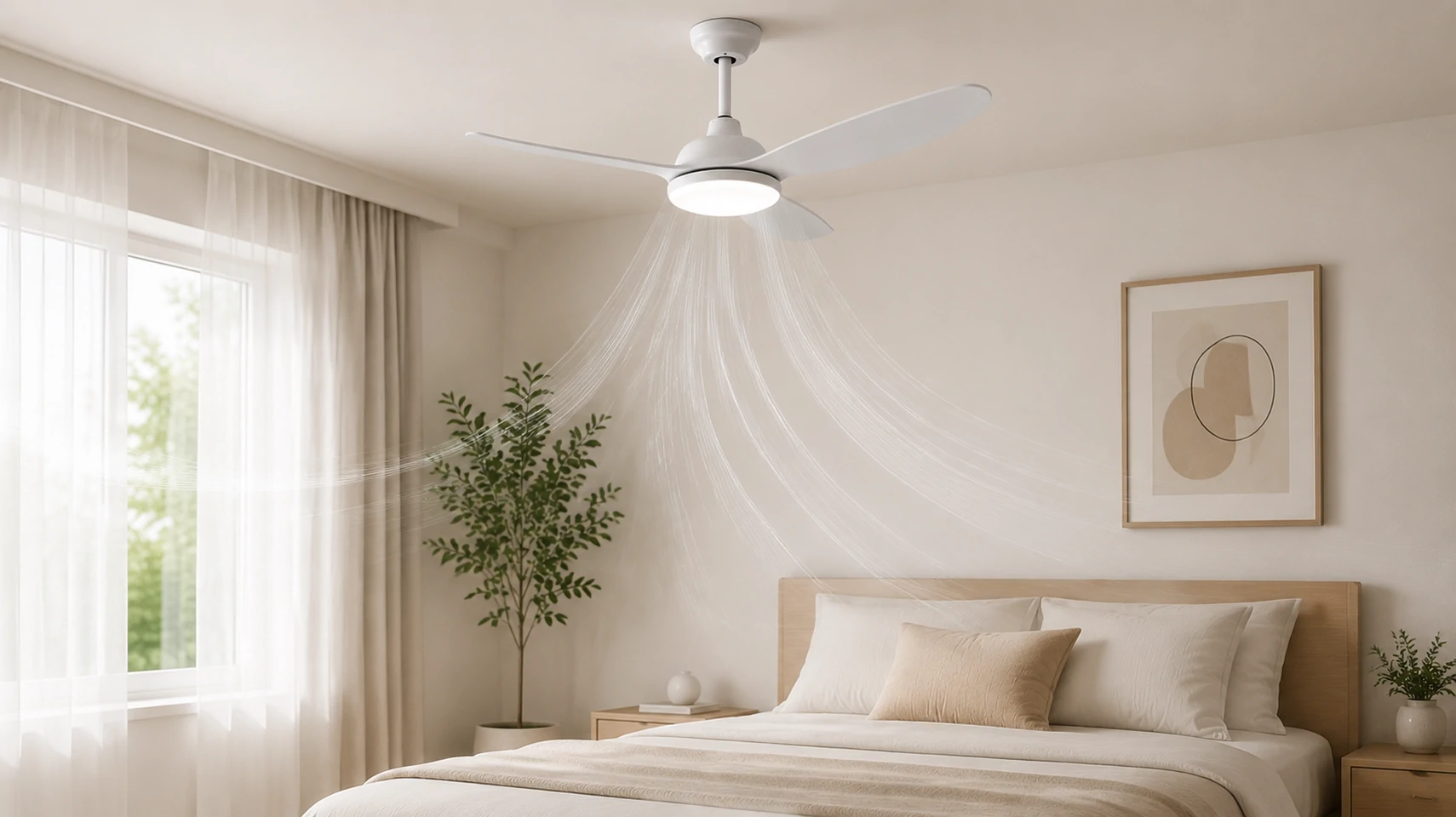 Quiet airflow performance of indoor ceiling fan with smooth operation in a modern bedroom environment