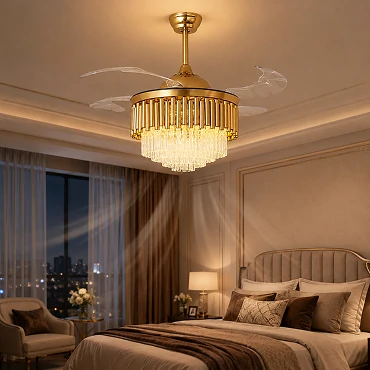Quiet DC motor crystal ceiling fan designed for bedrooms hotels and premium indoor environments