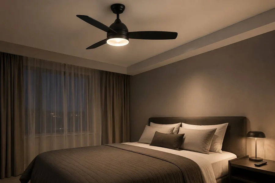 Quiet low profile ceiling fan with warm light for bedroom comfort