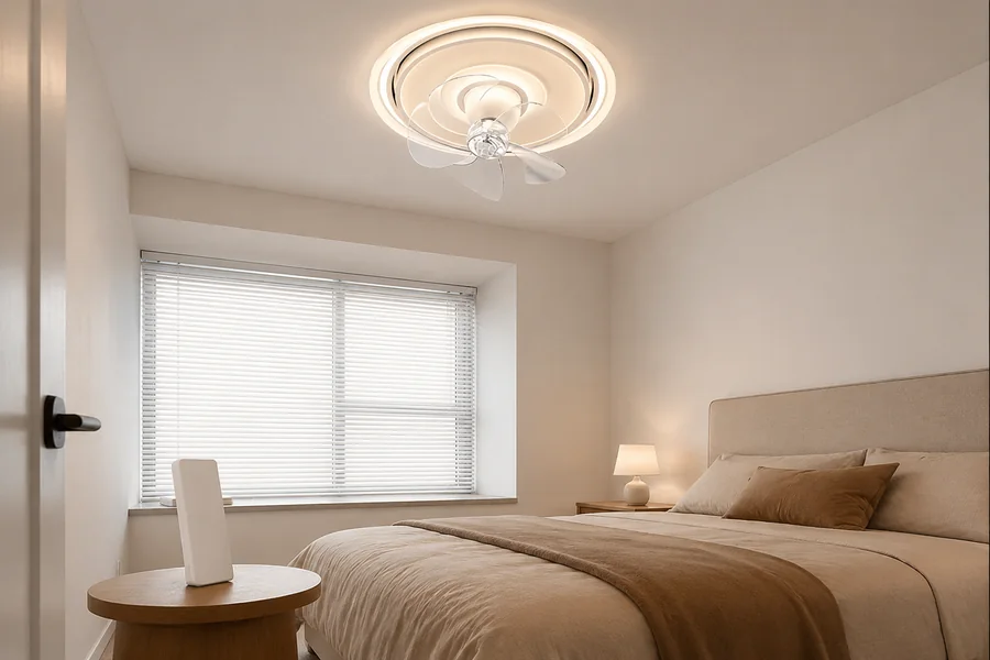 Quiet motor and remote control for a flush mount ceiling fan