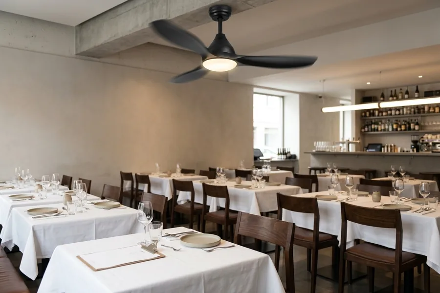 Quiet restaurant ceiling fan supporting conversation during service