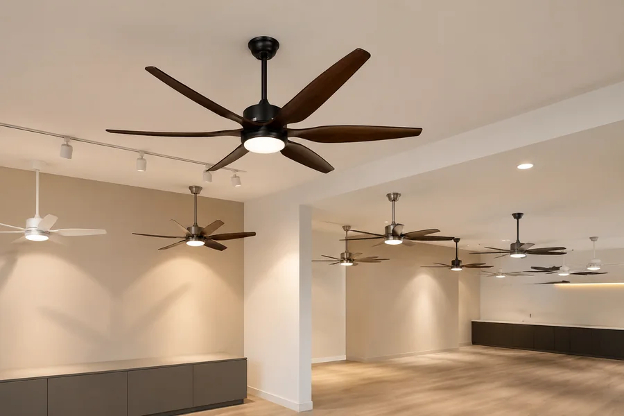 Reliable ceiling fan manufacturer showroom and product checking scene