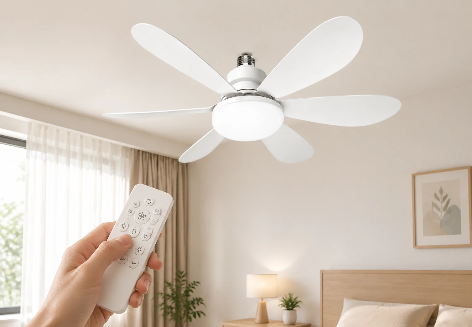 Remote control operating a white ceiling fan with light in a bedroom