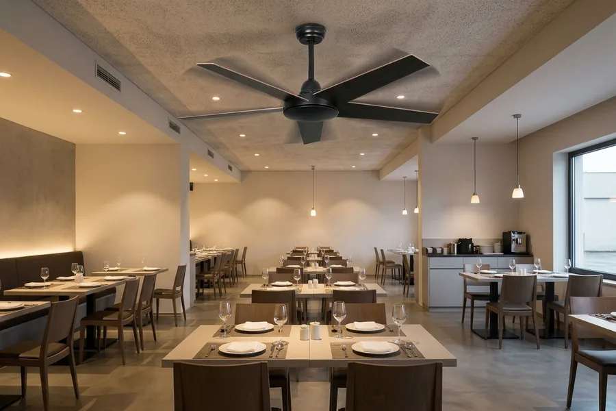 Restaurant ceiling fan improving guest comfort above a dining area
