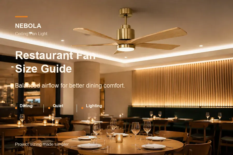 Restaurant ceiling fan size guide banner for commercial dining areas