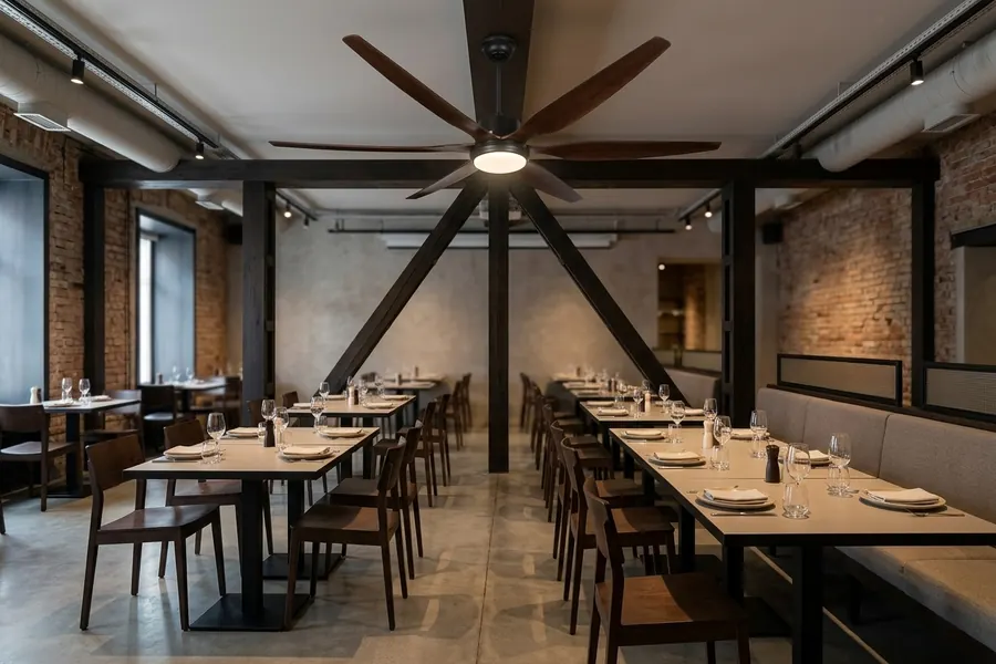 Restaurant ceiling fan with light balancing airflow and dining ambience
