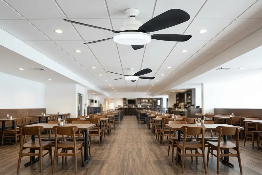 Multiple restaurant ceiling fans planned across separate airflow zones