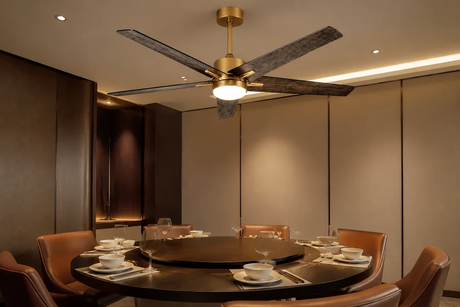 Quiet ceiling fan light and controls for restaurant dining rooms