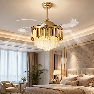 Retractable invisible blade design of a 36 inch crystal ceiling fan showing modern airflow technology
